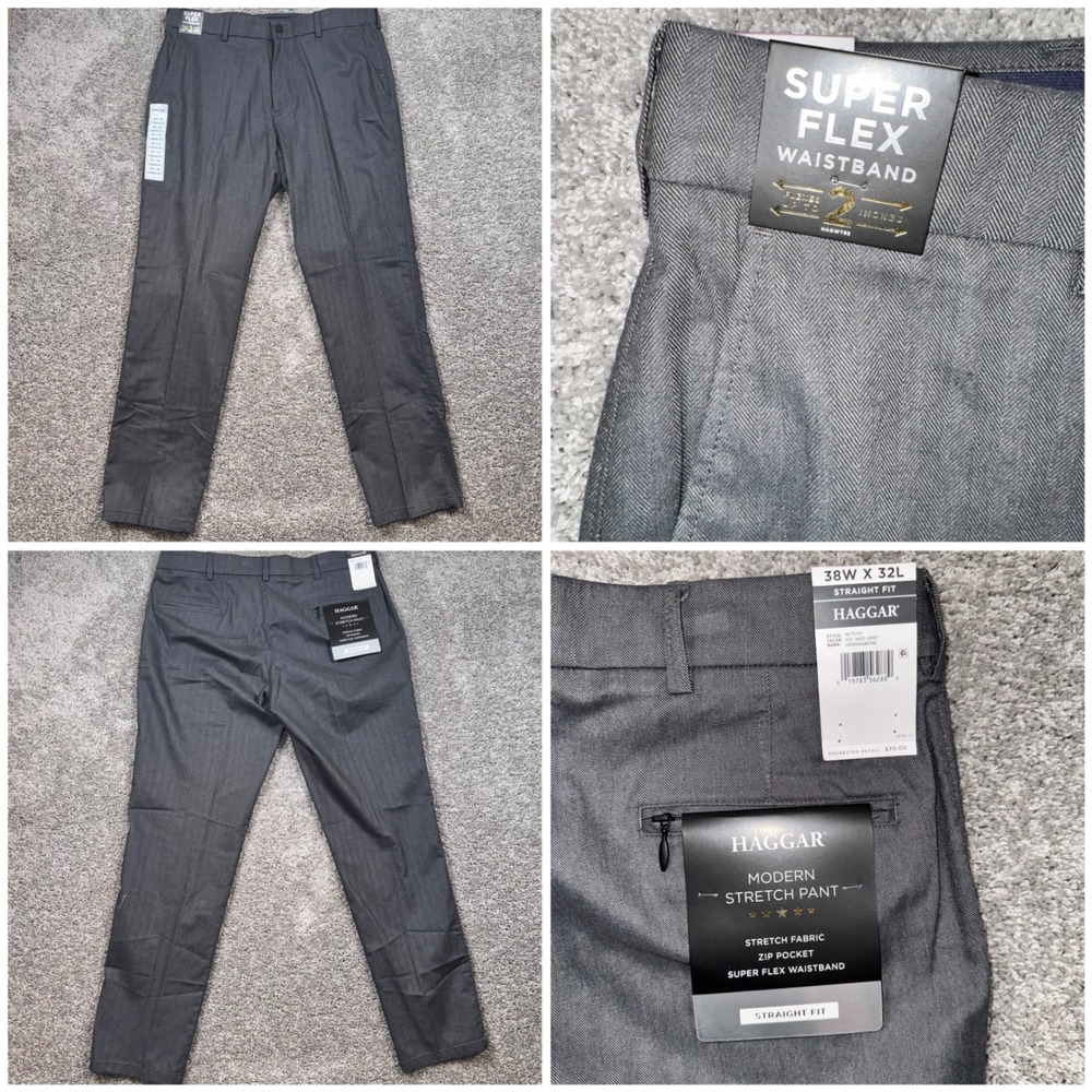Haggar Modern Stretch Pant Mens Straight Herringbone Stretch Grey 38x32 NEW